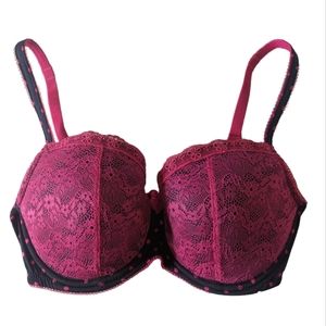 B. Temptd Wacoal Bra 32DDD Push Up Fuchsia Lace Black Polka Dot Underwire Floral